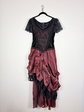 Sinister Victorian Gothic Dress Women’s Burgundy Black Lace Velvet
